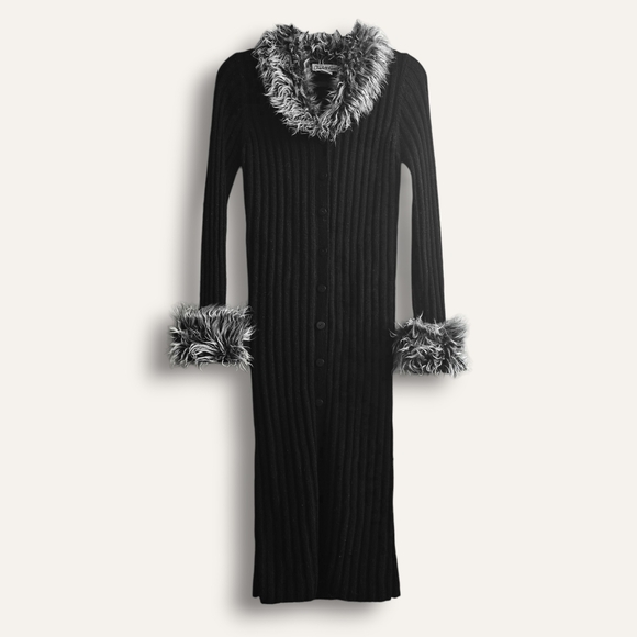 Charlotte Russe Sweaters - Y2k Charlotte Russe Penny Lane Faux Fur Trim Maxi Cardigan - Black (XS/S)